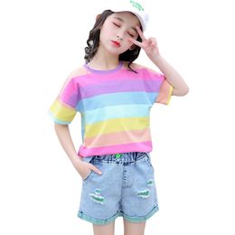 Kids Summer Clothes Rainbow Tshirt + Denim Short Clothing For Girls Hole Girl Teenage Children's Tracksuits 210527