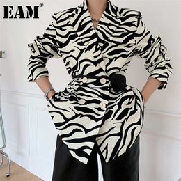 [EAM] Women Zebra Pattern Big Size Blazer Lapel Long Sleeve Loose Fit Jacket Fashion Spring Autumn 1DB329 211019