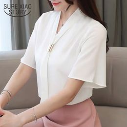 Blusas Mujer De Moda Korean Chiffon Woman's Blouse Short-Sleeved Solid Elegant Womens Tops And Blouses White Shirt 8908 50 210415