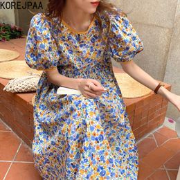 Korejpaa Women Dress Korea Chic Sweet O-neck Back Hollow Lace Loose Casual Floral Printing Bubble Sleeve Vestido Female 210526