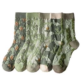 5 Pairs Women Socks Set Retro Country Style Green Autumn Floret Soft Skin-friendly Breathable Korean Fashion Calcetines 211204