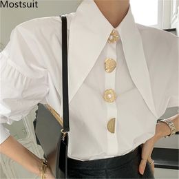 White Korean Elegant Women Shirts Tops Full Sleeve Turn-down Collar Buttons Blouses Office Ladies Fashion Blusas Mujer 210513