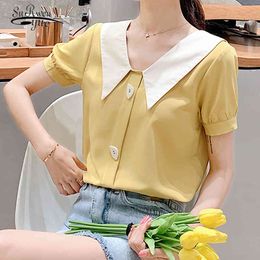 Korean Short Sleeve Chiffon Blouse Women Blusas Mujer De Moda Solid Color Splicing Sweet Ladies' Tops Clothes 9094 50 210521