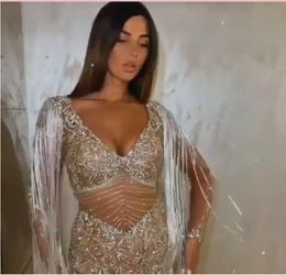 Evening dress women cloth Yousef aljasmi Sheath Long sleeve Lace Appliques V-Neck White Kim kardashian Kylie jenner