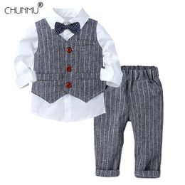 Toddler Boys Clothing Set Kids Spring Baby Clothes Sets for Boys Gentleman Plaid Bow Tie 3 pcs Outfit Children Clothes Suit X0902