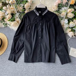 Autumn Vintage Bow Puff Sleeve Bead Decoration Shirt Top Casual Loose Single Breasted Solid Long 210423