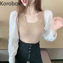 Korobov Vintage Elegant Knit Pathwork Women Sweaters Korean Long Sleeve Square Collar Pullovers Sweet Office Lady Sueter Mujer 210430