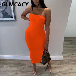 Women Sexy Strapless Slit Solid Colour Stretch Maxi Dress 210702
