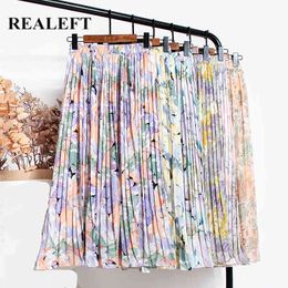 Vintage Floral Printed Tulle Pleated Mi-long Women Skirts High Waist Loose Female Umbrella Spring Summer 210428