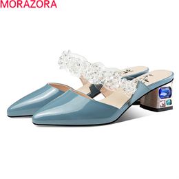 MORAZORA Big Size 34-42 Women Slippers Genuine Leather Ladies Mules Shoes Square Heels Pointed Toe Summer Party Shoes 210506