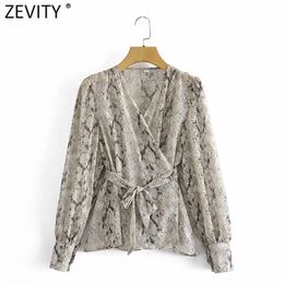 Women Vintage Cross V Neck Snake Skin Print Bow Sashes Shirt Female Puff Sleeve Kimono Blouse Chic Blusas Tops LS9272 210420