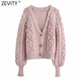 Women Fashion V Neck Ball Crochet Appliques Knitted Sweater Coat Femme Chic Diamond Button Casual Cardigan Tops SW810 210420