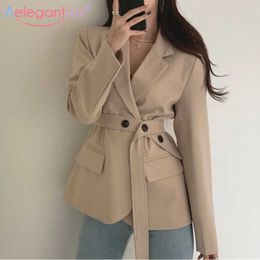 Aelegantmis Single Breasted Slim Casual Women Blazer Jacket Two Belts Office Lady Work Suit Coat Ladies Short Outerwear 210607