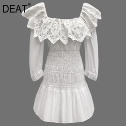 Asymmetrical Collar Long Sleeve Sweet Lace Square Neck Open Back Bow Pleated Dress Mall Goth Summer GX618 210421