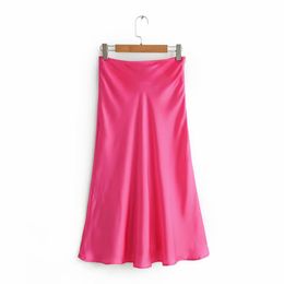 Women Casual Za Silk Satin Yellow Red Skirt Female Spring-Summer Chic A-line Smooth Solid Long Skirts faldas mujer moda 210421