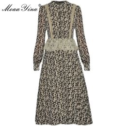Мода дизайнерское платье весенние женские платья стоять воротник с длинным рукавом цветочные принты с длинным рукавом флористические притяжки шифоновые платья 210524
