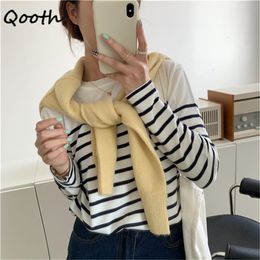 Qooth Striped O-Neck Long-Sleeved Loose Shirt Womens Spring Autumn Straight Colour Match Shirt All Match Causal Tops T661 210518