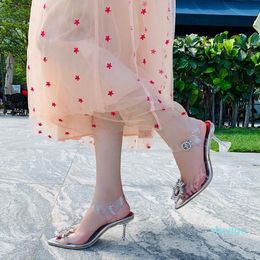 Dress Shoes Women High Heels Diamond Buckle Wine Glasses Sandals Mid Heel Sequins Transparent Lace Up Wedding PVC