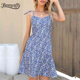 V-neck Tie Shoulder Beach Mini Dresses Summer Women Boho Holiday Print High Waist Sleeveless Ruffle A-Line Dress 210510