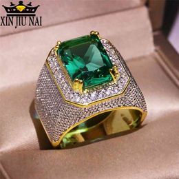 Europe States Exaggerated large Green Zircon Olive Emerald 14K Gold Full Diamond Ring Men And Women Party Jewellery Gift 210701