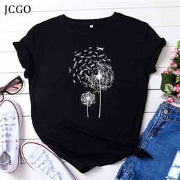 JCGO Summer Women T shirt Cotton Plus Size 5XL Short Sleeve Dragonfly Dandelion Print Female Loose Casual Large t-shirt Top Tees 210406
