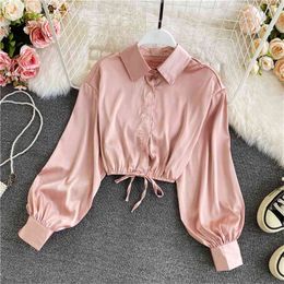 Spring Autumn Temperament Fashion Shirt Women's Drawstring Folded Lantern Sleeve Slim Short Pure Colour Top UK783 210506