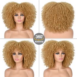 Short Hair Afro Kinky Curly Wigs With Bangs For Black Women Synthetic Glueless Brown Green Red Cosplay Wigs High Temperature 14factory direc