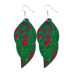 New Christmas S shaped Leather Dangle Earrings Double Layer Women Print Teardrop Leaf Accessories Fashion Jewelry Girl Gifts