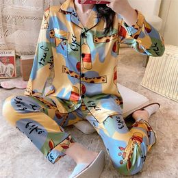 Est Silk Pamas for Women Sweet Cartoon Pyjamas Woman Elegant Long Sleeve Homewear Ladies Sleepwear Sets PJS 211215