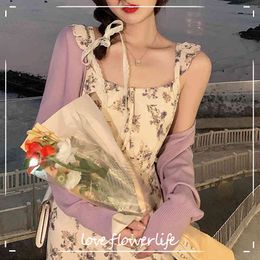 Elegant Strap Dress Women Party Floral Midi Dress Female Design Beach Vintage Dress Korean Chiffon Lace-up Summer 210521