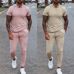 2021 Streetwear Summer Short Sleeve Shirt Tops And Drawstring Pants Suit Casual Male Clothes Outfits Fashion Men's Two Piece Set X0610
