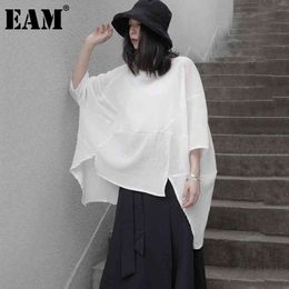 [EAM] Women Black Big Size Irregular Casual T-shirt Round Neck Three Quarter Sleeve Fashion Spring Summer 1DD8309 21512