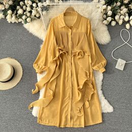 New Casual Dresses Autumn Solid Slim Button Full Lady Dress Chiffon Single Breasted Polo Collar Mid-Calf Women Dresses 2023