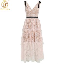 Vintage Elegant Pink Rose Lace Hollow Out Summer Dress Women's Embroidery Party Dresses Vestido Midi Feminino 210520