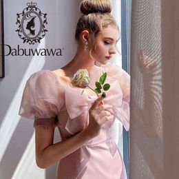 Dabuwawa Exclusive Sweet Pink Bow Front Mesh Dress Women Puff Sleeve Square Neck Elegant Party A-Line Dresses Ladies DO1BDR094 210520