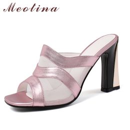Transparent Natural Genuine Leather High Heel Slippers Peep Toe Thick Slides Women Sandals Summer Lady 210517