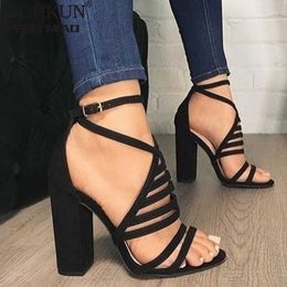 Women Sexy Sandals Lady High Heels Design Women's Cross Strap Bandage Shoes Lady Party Female Ankle Strap Flock 2020 summer X0526