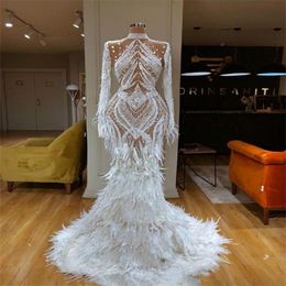 Luxury Mermaid 2021 Feather Wedding Dresses Bridal Gowns High Neck Long Sleeve Beaded Crystal Lace Appliqued Sweep Train Robe de mariée