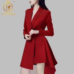 Notched Neck Asymmetry Long Sleeve Dress Women Autumn Office Business Red Vestido De Festa 210520