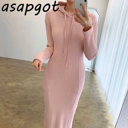 Dress Sweet Chic Korean Slim Full Pink Hooded Knitted Dress Women Casual Wild Pullovers Sweater Long Vestido Feminino Solid Girl 210610