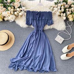 Chic Korean Solid Women Dress Sexy Off Shoulder Summer A-line Chiffon Pleated Puff Sleeve Dresses Beach Vestidos 210519