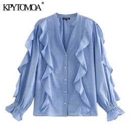 Women Fashion With Ruffle Trims Loose Blouses Long Sleeve Button-up Female Shirts Blusas Chic Tops 210420