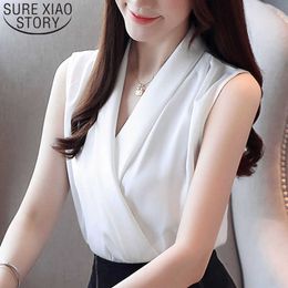Fashion women blouse and tops off shoulder top Sleeveless harajuku shirts white blouse chiffon blouse Solid V-Neck 3534 50 210527