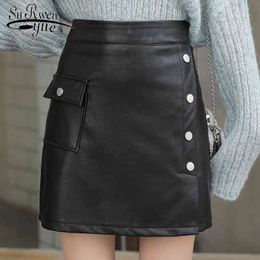 Casual Slim High Waist Women Pu Leather Skirt Ladies A-line Short Pocket Button Mini s 6058 50 210508