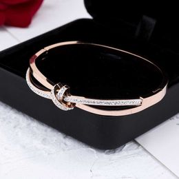 Aenine Titanium Steel Fashion Full Cz Crystal Bowknot Cuff Bangles Bracelet Rose Gold Wedding Bangle Jewelry for Women Ab19094 Q0717