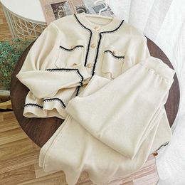 Lazy Autumn Apricot Sets O Neck Long Sleeve Contrast Cardigan Single-breasted Sweater Coat Black Wide Leg Knitted Pants Wild 210610