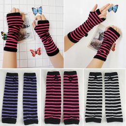 Striped Arm Warmers Fingerless Gloves Winter Knit Arm Guard Sleeves Keep Warm Arm Cover Mittens Decorative White Black Cotton Cover