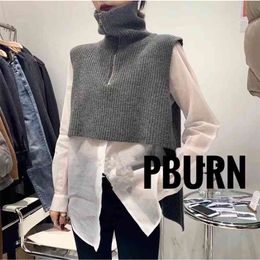 Cool Turtleneck Zipper Knitted Vest Thin perspective shirt Two piece suit Girls Pullover Winter short Women Sweater 210423