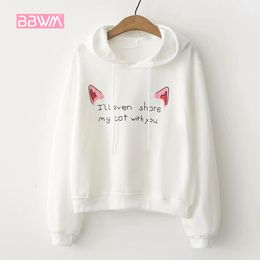 autumn women's wild cat ears print hooded loose blouse Japanese students long-sleeved 210507