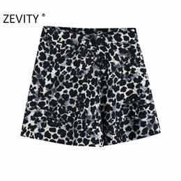 women vintage animal texture printing casual slim Bermuda Shorts ladies buttons chic shorts pantalone cortos P916 210420